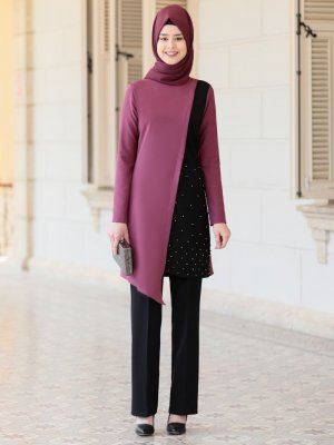 Azra Design Gül Kurusu Karaca Tunik&Pantolon Abiye İkili Takım