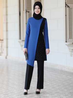 Azra Design İndigo Karaca Tunik&Pantolon Abiye İkili Takım