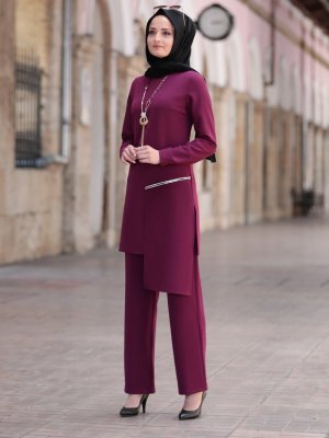 FUVAL MODA Mürdüm Derin Tunik&Pantolon İkili Abiye Takım