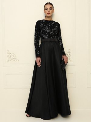 Mileny Siyah Gri Güpür Detaylı Abiye Elbise