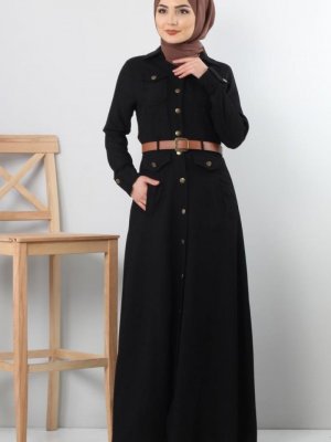 MISSVALLE Siyah Düğmeli Kadife Elbise
