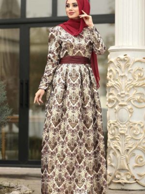Nayla Collection Bordo Desenli Jakarlı Abiye Elbise
