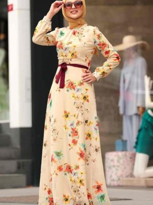 Nayla Collection Ekru Çiçek Desenli Elbise