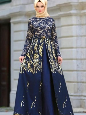 Nayla Collection Lacivert Desenli Jakarlı Abiye Elbise