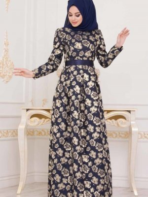 Nayla Collection Lacivert Jakarlı Abiye Elbise