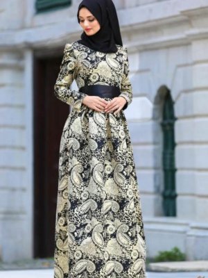 Nayla Collection Siyah Desenli Abiye Elbise