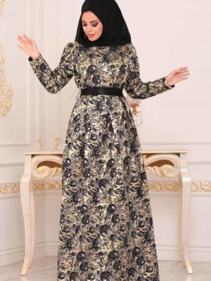 Nayla Collection Siyah Desenli Jakarlı Abiye Elbise