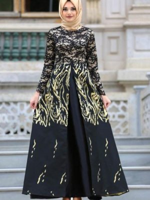 Nayla Collection Siyah Desenli Jakarlı Abiye Elbise