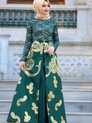 Nayla Collection Yeşil Desenli Jakarlı Abiye Elbise
