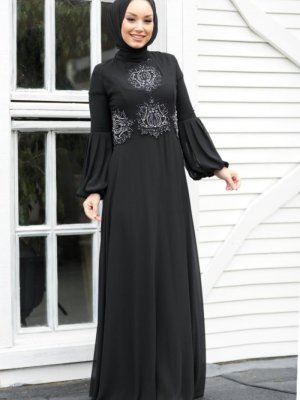 Neva Style Balon Kol Siyah Abiye Elbise