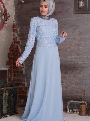 Neva Style Bebe Mavisi Boncuk Detaylı Dantelli Abiye Elbise