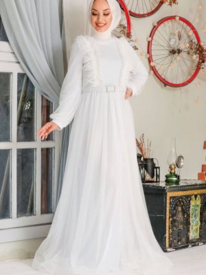 Neva Style Beyaz Tüy Detaylı Abiye Elbise