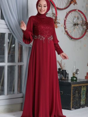Neva Style Bordo Pul Payetli Abiye Elbise