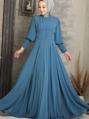 Neva Style Düğme Detaylı İndigo Mavisi Abiye Elbise