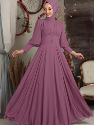 Neva Style Düğme Detaylı Koyu Lila Abiye Elbise