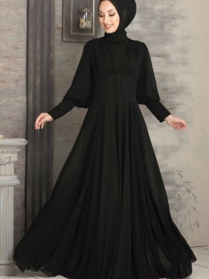 Neva Style Düğme Detaylı Siyah Abiye Elbise