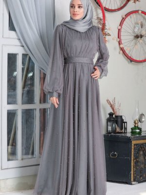 Neva Style Füme İnci Detaylı Abiye Elbise
