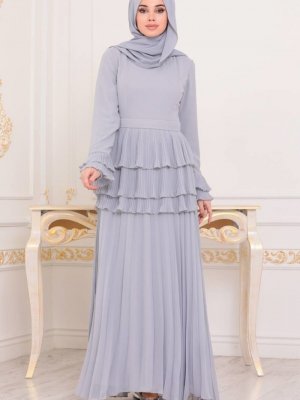 Neva Style Gri Fırfırlı Abiye Elbise