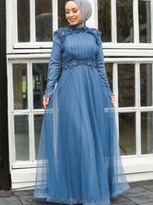 Neva Style İnci Detaylı İndigo Mavisi Abiye Elbise