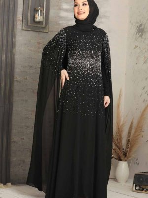 Neva Style İnci Detaylı Siyah Abiye Elbise