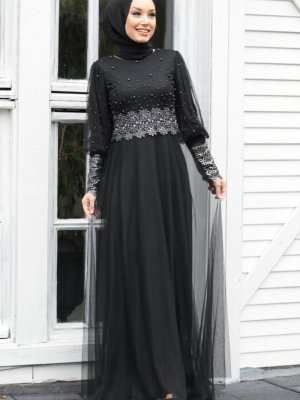 Neva Style İnci Detaylı Siyah Abiye Elbise