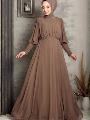 Neva Style İnci Detaylı Vizon Abiye Elbise