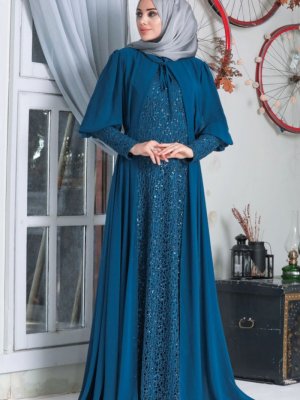 Neva Style İndigo Mavi Pelerinli Pul Payet Abiye Elbise