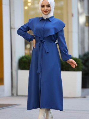 Neva Style İndigo Mavisi Kuşaklı Elbise