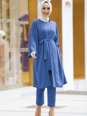 Neva Style İndigo Mavisi Kuşaklı Kimono Takım