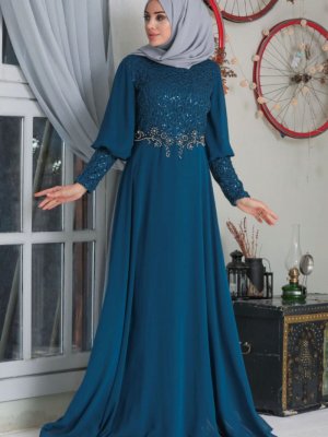 Neva Style İndigo Pul Payetli Abiye Elbise