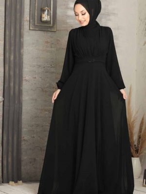 Neva Style Kemerli Siyah Abiye Elbise