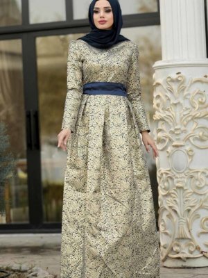 Neva Style Lacivert Desenli Jakarlı Abiye Elbise