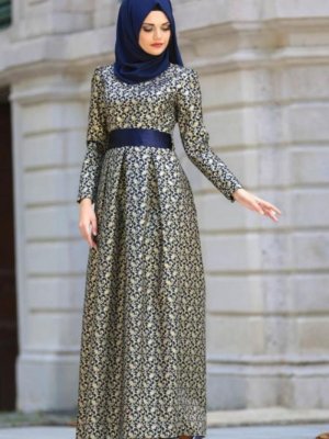 Neva Style Lacivert Jakarlı Abiye Elbise