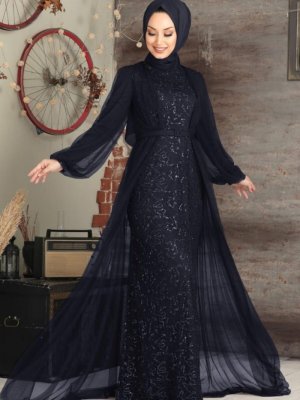Neva Style Lacivert Pul Payetli Abiye Elbise