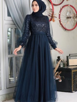 Neva Style Lacivert Pullu Abiye Elbise