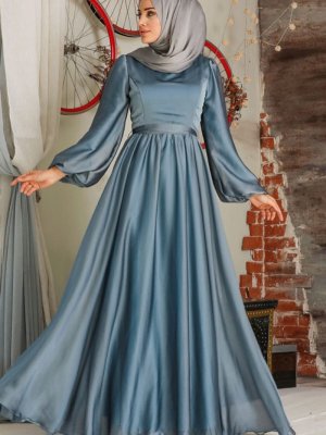 Neva Style Mavi Balon Kol Abiye Elbise