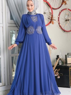 Neva Style Mavi Dantelli Koyu Lila Abiye Elbise