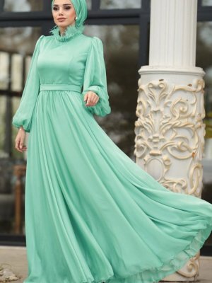 Neva Style Mint Tüylü Balon Kol Abiye Elbise