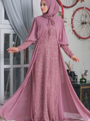Neva Style Pembe Pelerinli Pul Payet Abiye Elbise