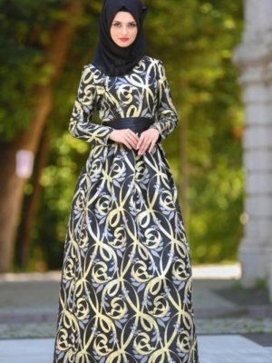 Neva Style Siyah Desenli Pileli Abiye Elbise