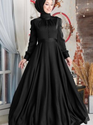 Neva Style Siyah Düğme Detaylı Abiye Elbise