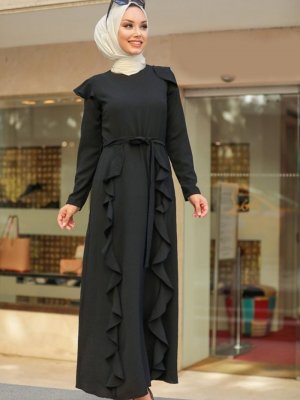 Neva Style Siyah Fırfır Detaylı Elbise