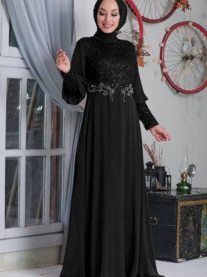 Neva Style Siyah Pul Payetli Abiye Elbise