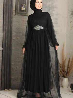 Neva Style Tüllü Siyah Abiye Elbise