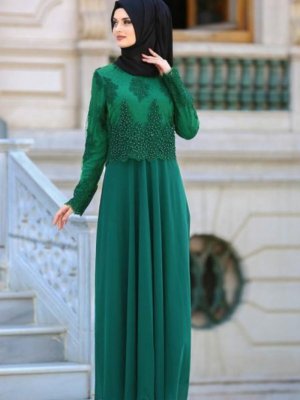 Neva Style Yeşil Boncuk Dantelli Abiye Elbise
