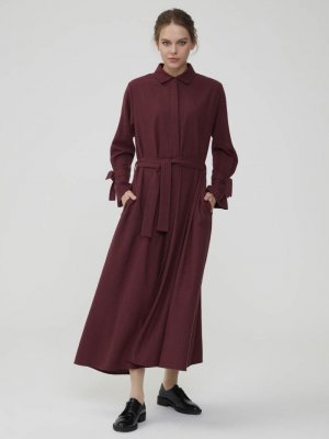 NORMCORE Bordo Beli Kuşaklı Doğal Kumaş Elbise