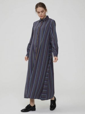 NORMCORE Lacivert Verev Çizgili Doğal Kumaş Elbise