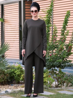 Selma Sarı Design Haki Kuruvaze Tunik&Pantolon İkili Takım