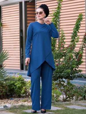 Selma Sarı Design İndigo Kuruvaze Tunik&Pantolon İkili Takım