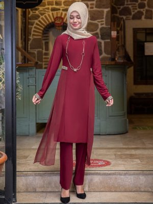 Sure Bordo Hayal Tunik&Pantolon İkili Abiye Takım